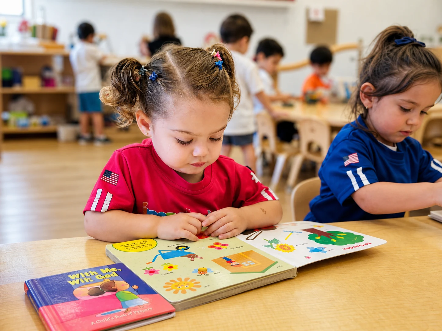 Two children working side by side with classroom materials