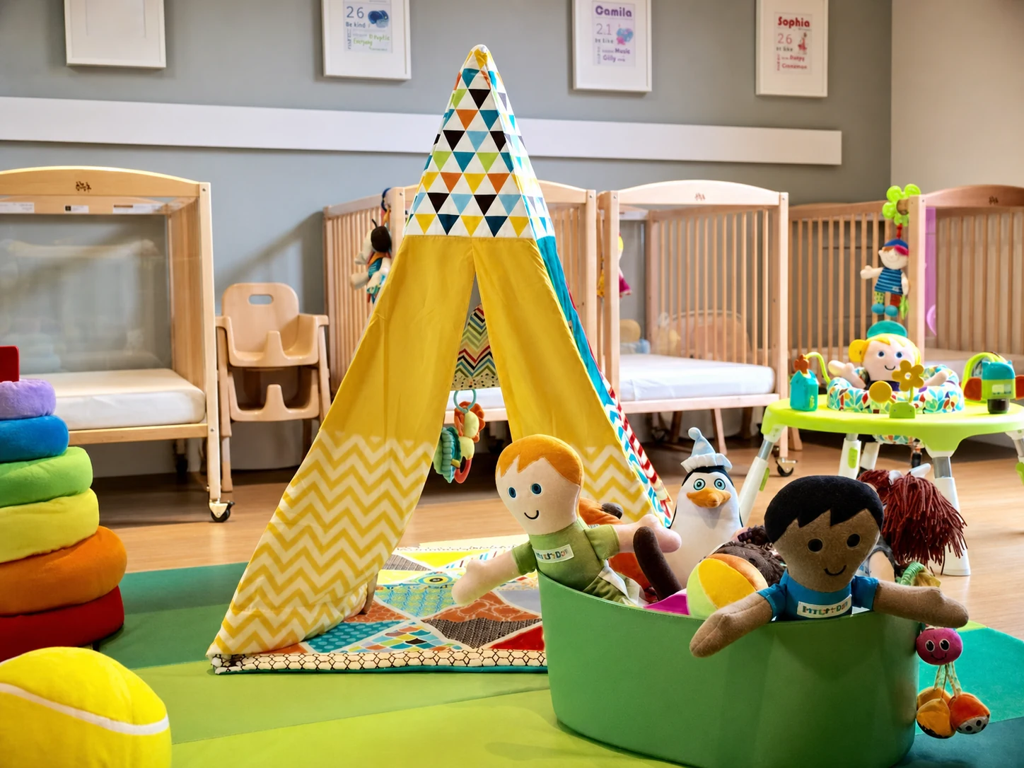 A thoughtfully prepared Playroom with dolls and a play tent