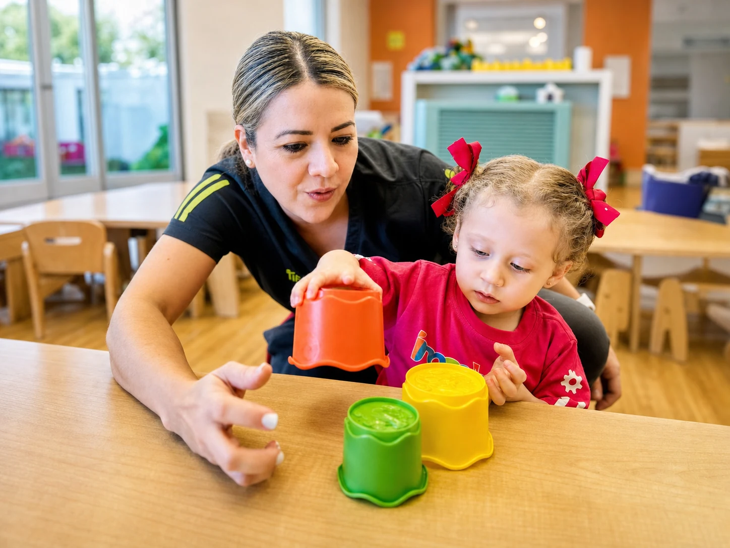 A facilitator listening closely as a child explores