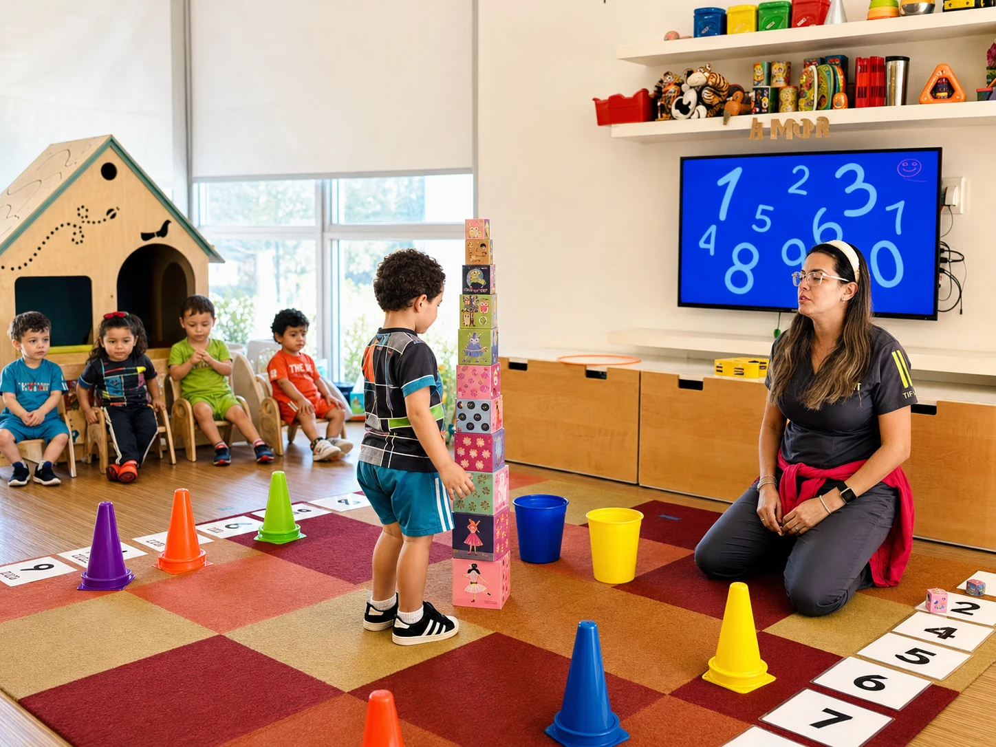 A facilitator and children sharing an engaged learning moment