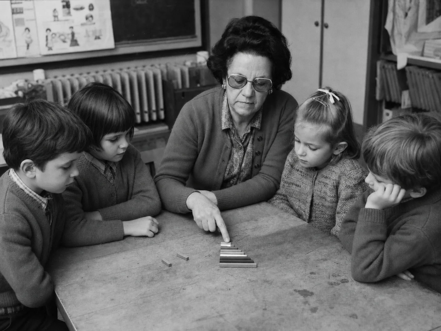 An early childhood educator guiding children with learning materials in a historic classroom