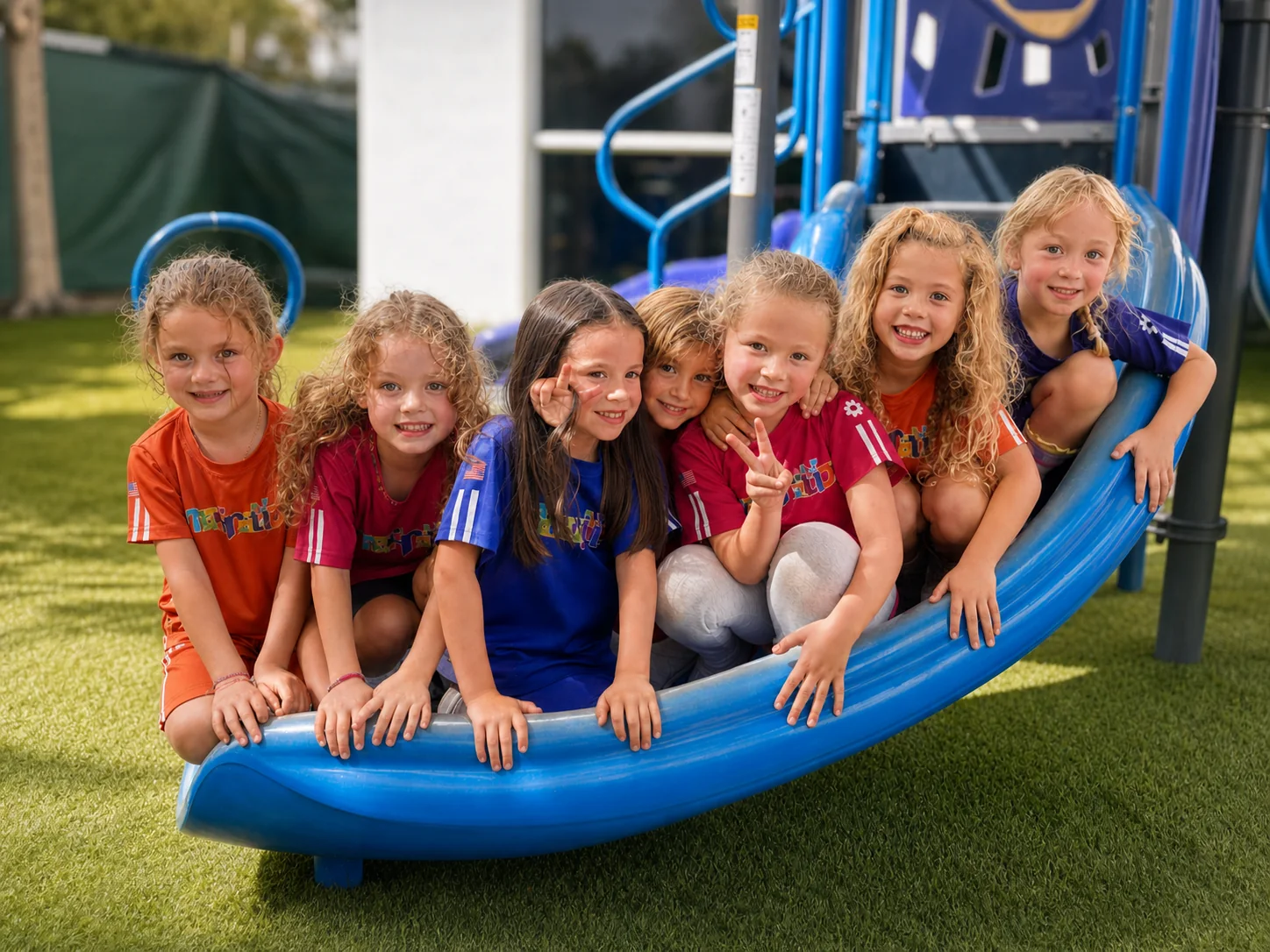 Children smiling together on the outdoor playground